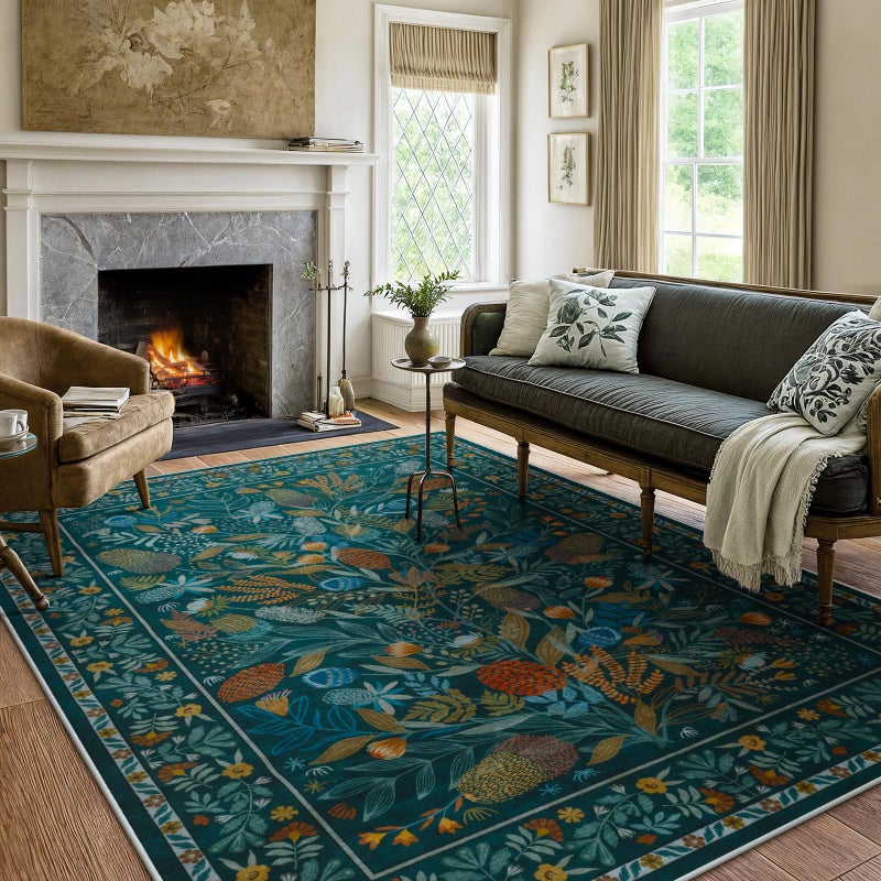 Anidaroel Botanical Print Washable Rugs 8x10, Non Slip Large Rugs for Living Room, Soft Modern Rug for Bedroom Stain Resistant Dining Room Rug for Under Table Indoor Accent Carpet, Teal - Image 2