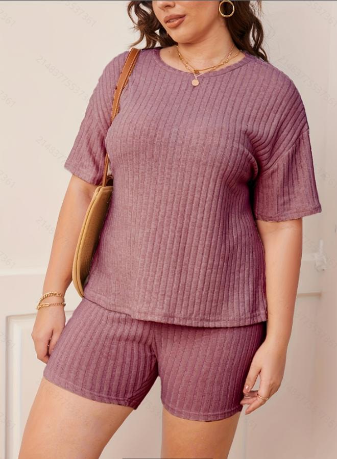 Take Two Plus Size Burgundy Ribbed Short Sleeve Top and Shorts Pyjama Set - Image 5