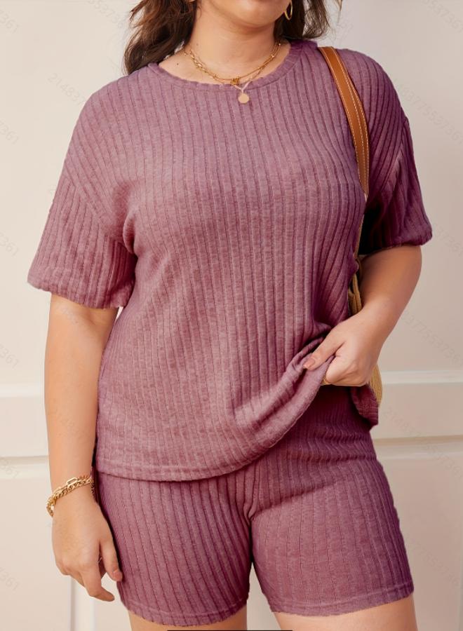 Take Two Plus Size Burgundy Ribbed Short Sleeve Top and Shorts Pyjama Set - Image 1