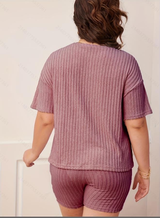 Take Two Plus Size Burgundy Ribbed Short Sleeve Top and Shorts Pyjama Set - Image 3