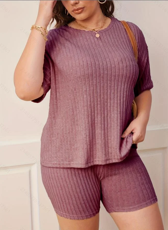 Take Two Plus Size Burgundy Ribbed Short Sleeve Top and Shorts Pyjama Set