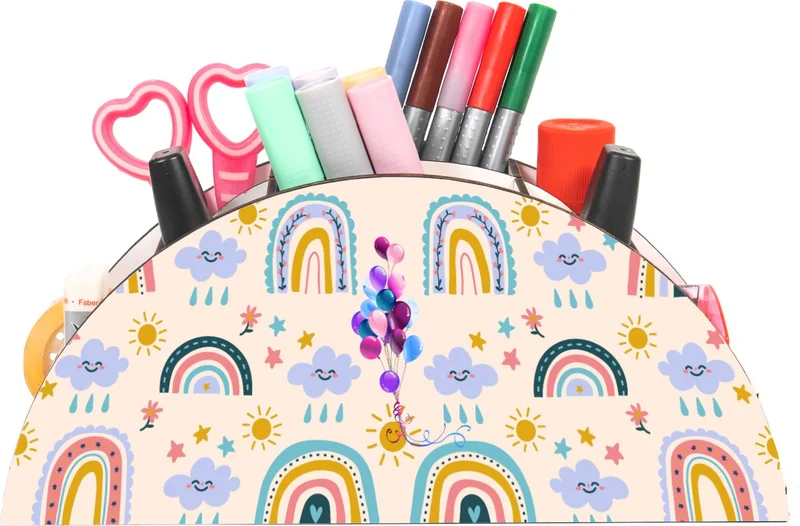 نوتبا Wooden Rainbow Pencil Holder with Balloons Desktop Pencil Case Organizer for Kids VİP40