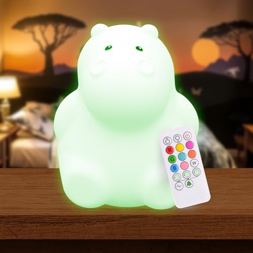 LumiPets Honey the Hippo Silicone Night Light for Kids | Squishy Lamp with Tap & Remote Control | Rechargeable, 9 Color Changing Animal Night Light for Boys & Girls | Portable Nightlight With USB Cord - Image 1