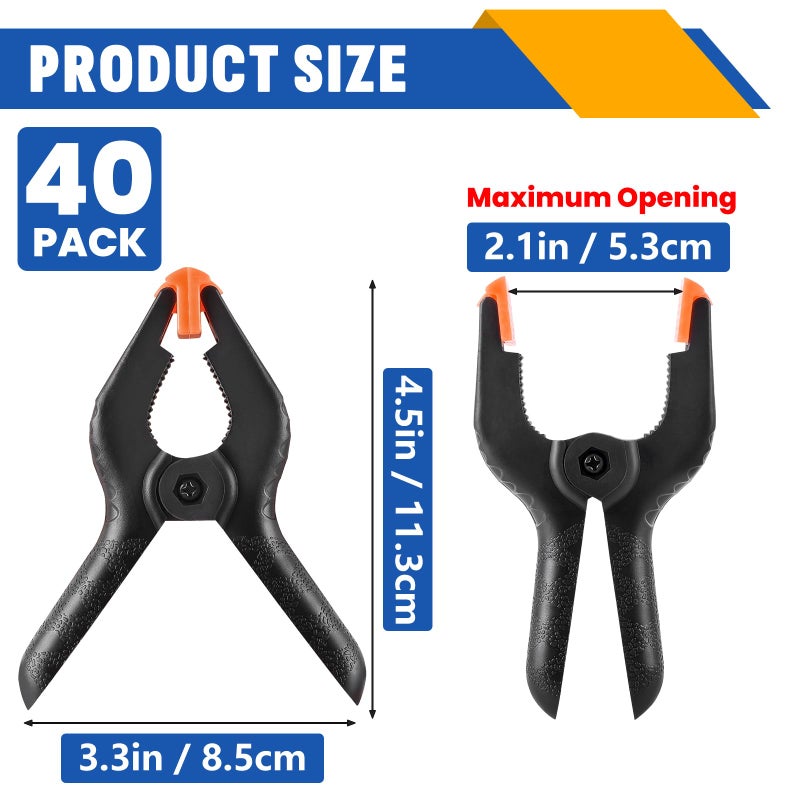 NUITPY 40 Pack 4.5 inch Plastic Spring Clamps, Black Heavy Duty Clips, Backdrop Clips, Woodworking Clamps, Plastic Clamps for Crafts, Backdrop Stand, Woodworking, Photography - Image 2