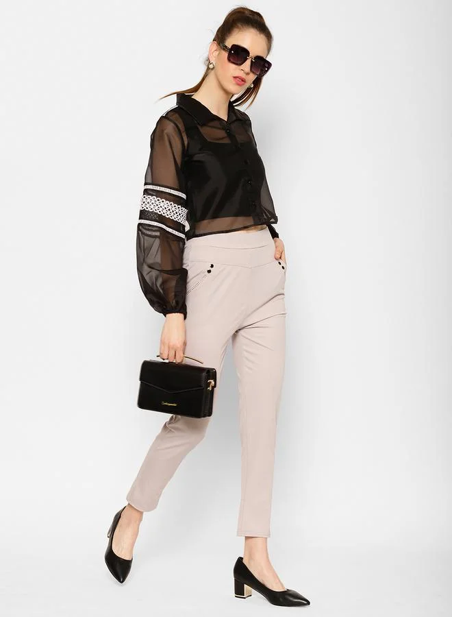 Kassually Kassually Solid Lace Insert Balloon Sleeve Buttoned Shirt