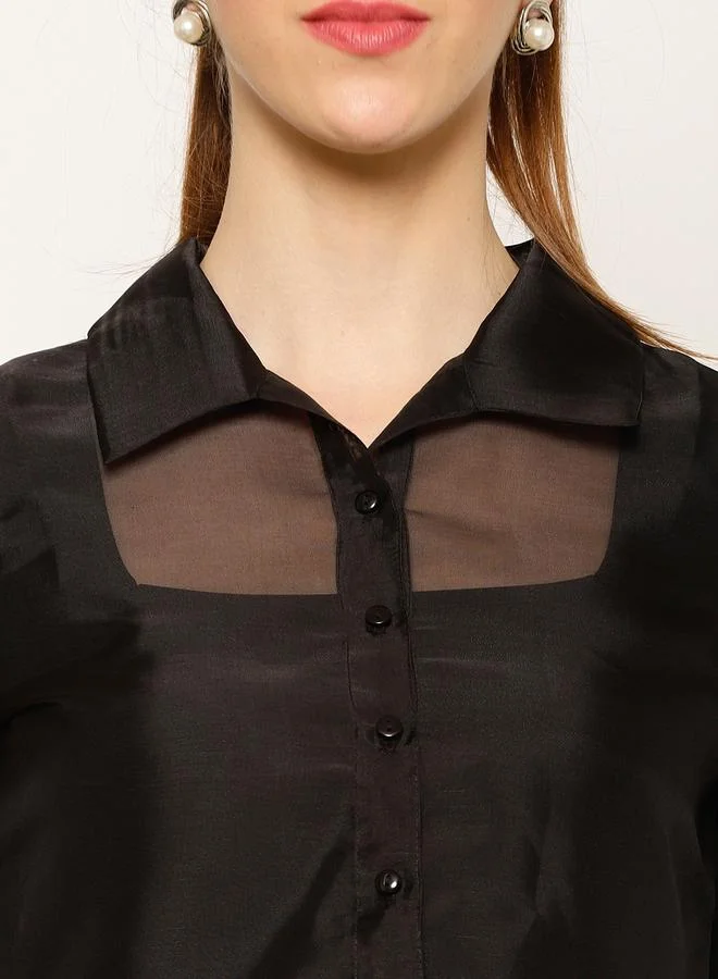Kassually Kassually Solid Lace Insert Balloon Sleeve Buttoned Shirt