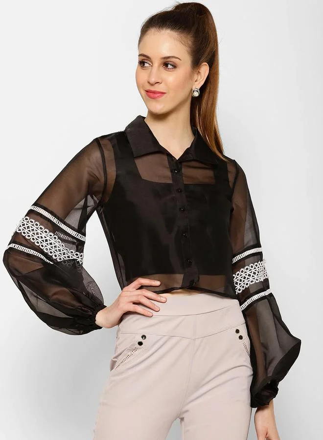 Kassually Kassually Solid Lace Insert Balloon Sleeve Buttoned Shirt