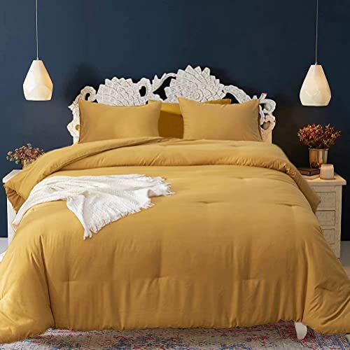 Cottonight Mustard Yellow Comforter Sets King Solid Dark Yellow Bedding Comforter Set Deep Yellow Cozy Blanket Quilts Women Men Durable Modern Style Mustsard Bedding Set for Adults Teens - Image 1