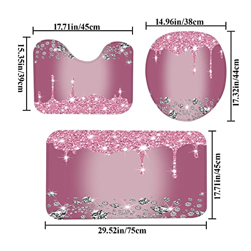 Hadint 4 Pcs Glitter Diamond Shower Curtain Sets, Rose Red Shiny Drips Bath Decor with Rugs and Toilet Lid Cover, Fuchsia Luxury Texture Colorful Bling Modern Bathroom Curtain with 12 Hooks, 72 x 72 inch - Image 3