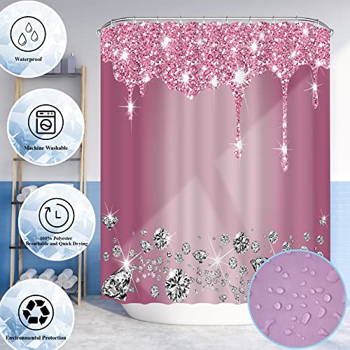 Hadint 4 Pcs Glitter Diamond Shower Curtain Sets, Rose Red Shiny Drips Bath Decor with Rugs and Toilet Lid Cover, Fuchsia Luxury Texture Colorful Bling Modern Bathroom Curtain with 12 Hooks, 72 x 72 inch - Image 5