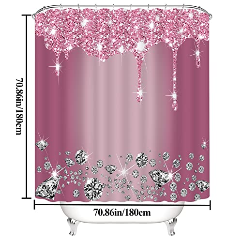 Hadint 4 Pcs Glitter Diamond Shower Curtain Sets, Rose Red Shiny Drips Bath Decor with Rugs and Toilet Lid Cover, Fuchsia Luxury Texture Colorful Bling Modern Bathroom Curtain with 12 Hooks, 72 x 72 inch - Image 2