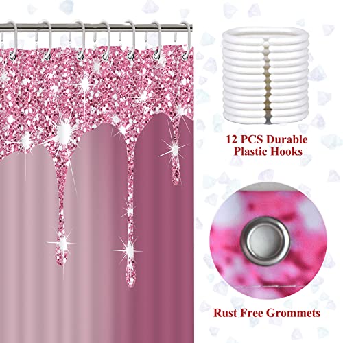 Hadint 4 Pcs Glitter Diamond Shower Curtain Sets, Rose Red Shiny Drips Bath Decor with Rugs and Toilet Lid Cover, Fuchsia Luxury Texture Colorful Bling Modern Bathroom Curtain with 12 Hooks, 72 x 72 inch - Image 4