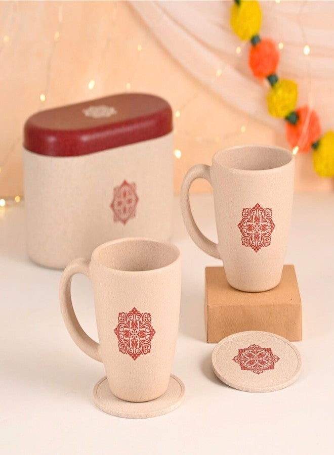 Eha Earth-Friendly Wedding Gifts for Couple | Gifts Made with Rice Husk Biocomposite | Mandala Printed Mug and Coasters Set of 2, Keychain, Loopac Box | 300 ml | Sand Castle - Image 1
