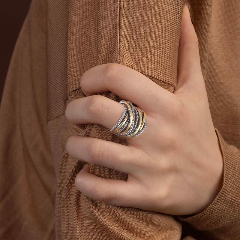 Mytys Two Tone Statement Ring, Gold Plated Twisted Rope Crossover Wide Band Ring for Women, Vintage Modern Chunky Fashion Jewelry (Gold & Silver, 7) - Image 2