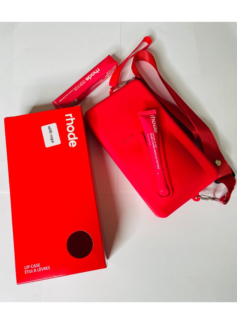 Rhode Pouch Bag with Adjustable Strap and Lip Gloss – Stylish, Compact, and Perfect for On-the-Go Beauty and Everyday Essential red - Image 4
