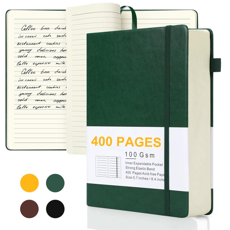 HOMEBOBO Journals for Writing, A5 Leather Ruled Notebook with 400 Pages, 100 Gms College Ruled Journal with Thick Paper, Hardcover with Inner Pocket & Pen Holder, Dark Green - Image 1
