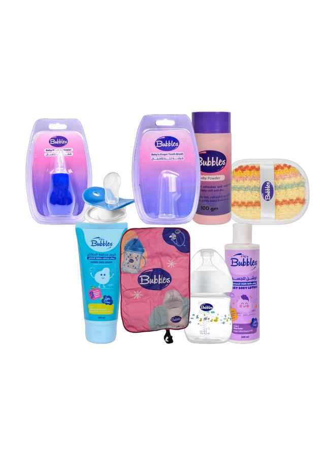 Bubbles Natural feeding bottle 150ml (white) - Multishape & Bubbles Baby Powder 100 GM & Bubbles Beveled Soother  Multishape- Blue Newborn & Bubbles Kids Loofah-Multicolors & Bubbles Nasal Aspirator-Blue & Bubbles Baby and toddler waterproof reusable and washable changing mat-Multicolors (Multishape) & Bubbles Gum Cleaning Brush-Silicon Toothbrush & Bubbles Diaper Area Cream 100ml & Bubbles Body Lotion for Kids 200mlBundle - Image 1