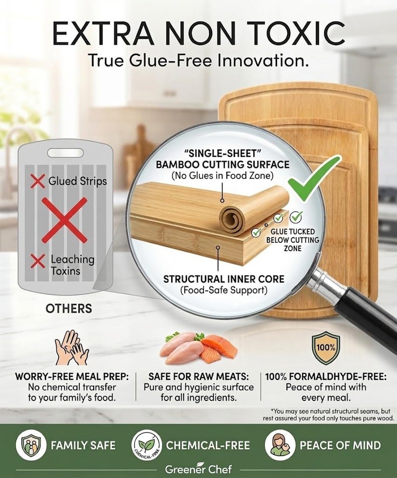 Greener Chef Luxury Bamboo Cutting Board Set of 3 with Glue-Free Surface Technology - Extra Spacious Wood Cutting Boards for Kitchen and XL Chopping Board Set - Replacements for Life - Image 2