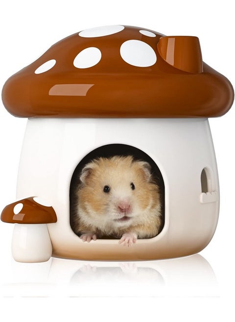 Hamster Hideout Ceramic, Mushroom Shape Hamster House And Habitats Cool Bed Ideal For All Season Dwarf Hamster Gerbil Mice Golden Bear (BrownLarge)