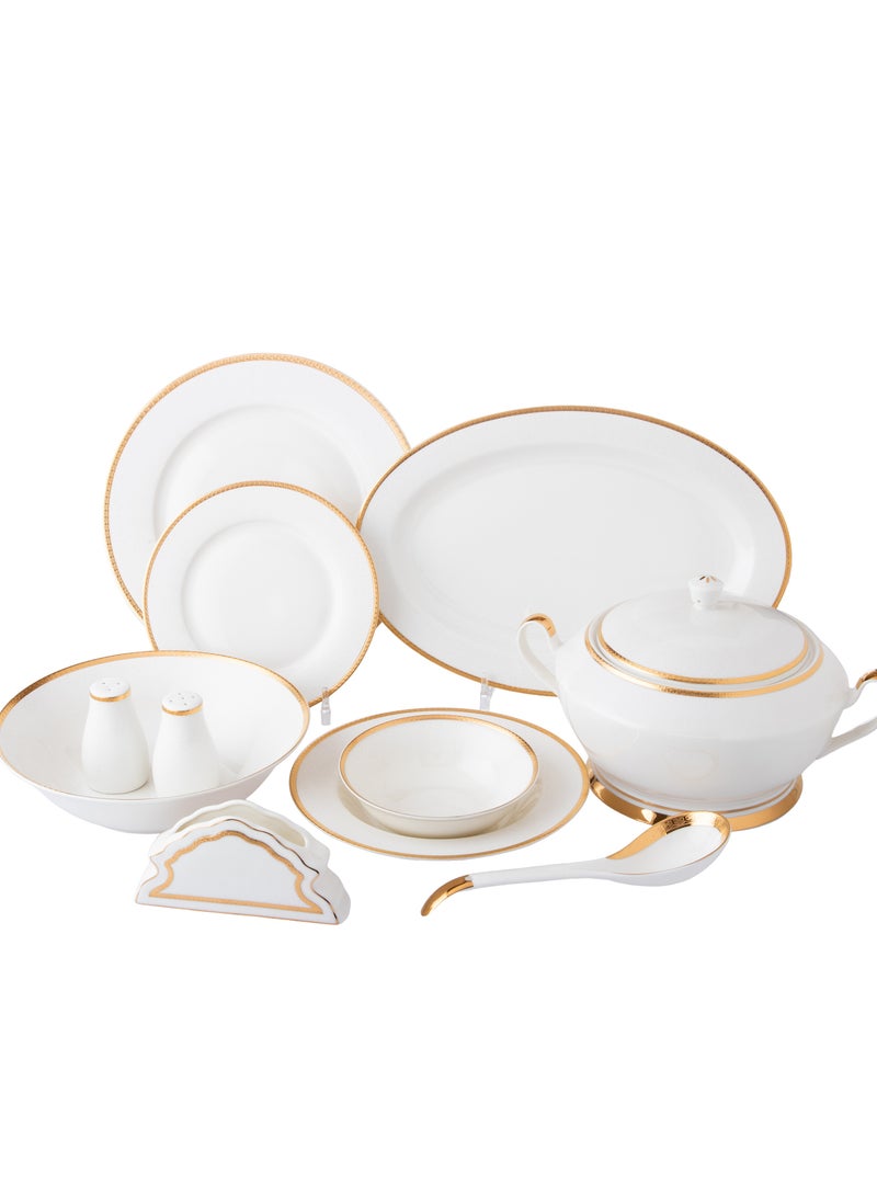 دانيا طقم سفرة 35 قطعة لعدد 6 أشخاص مصنوع من البورسلان الصافي و اللون الأبيض الناصع مع نقش على الداير و خط لون ذهبي عالي الجودة - Image 1