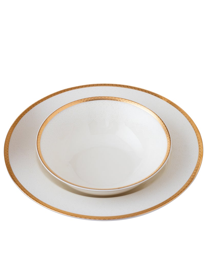 دانيا طقم سفرة 35 قطعة لعدد 6 أشخاص مصنوع من البورسلان الصافي و اللون الأبيض الناصع مع نقش على الداير و خط لون ذهبي عالي الجودة - Image 2