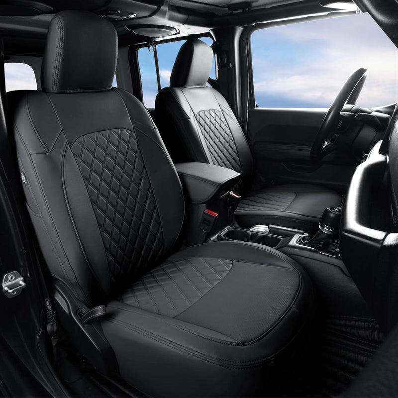 GIANT PANDA Customized Full Set Car Seat Covers for Jeep Wrangler 4 Door JL Sahara Sport Rubicon Unlimited Willys 2018 2019 2020 2021 2022 2023 2024 2025 Without Rear Cup HolderFaux Leather Black