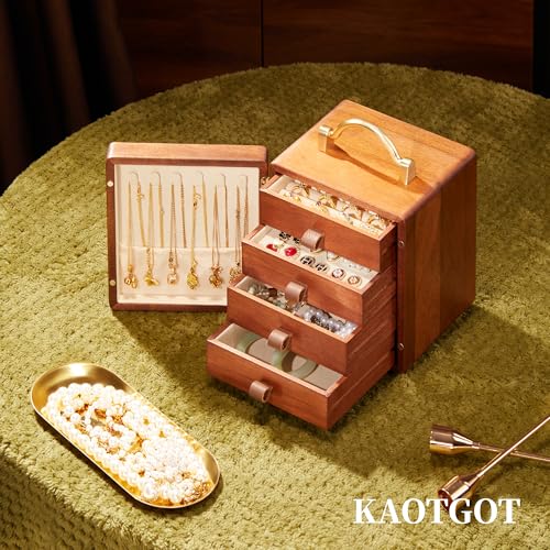 KAOTGOT Wooden Jewelry Box for Women Walnut Wooden Jewelry Box with handle 4-Tier Jewelry Organizer for Rings, Necklaces - Image 5