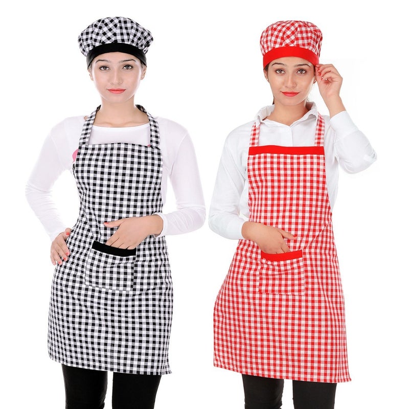 Switchon Switchon Cotton Kitchen checkered chefs Apron with Cap 2 apron with 2 cap - Image 1