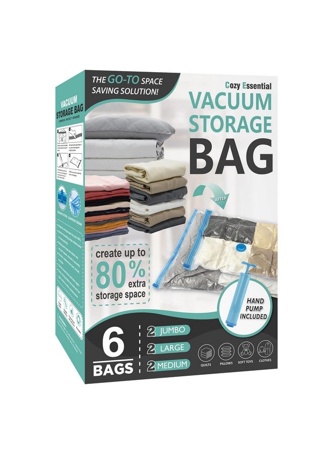 Cozy Essential 6 Pack Vacuum Storage Bags, Space Saver Bags (2 Jumbo/2 Large/2 Medium) Compression Storage Bags for Comforters and Blankets, Vacuum Sealer Bags for Clothes Storage, Hand Pump Included - Image 1