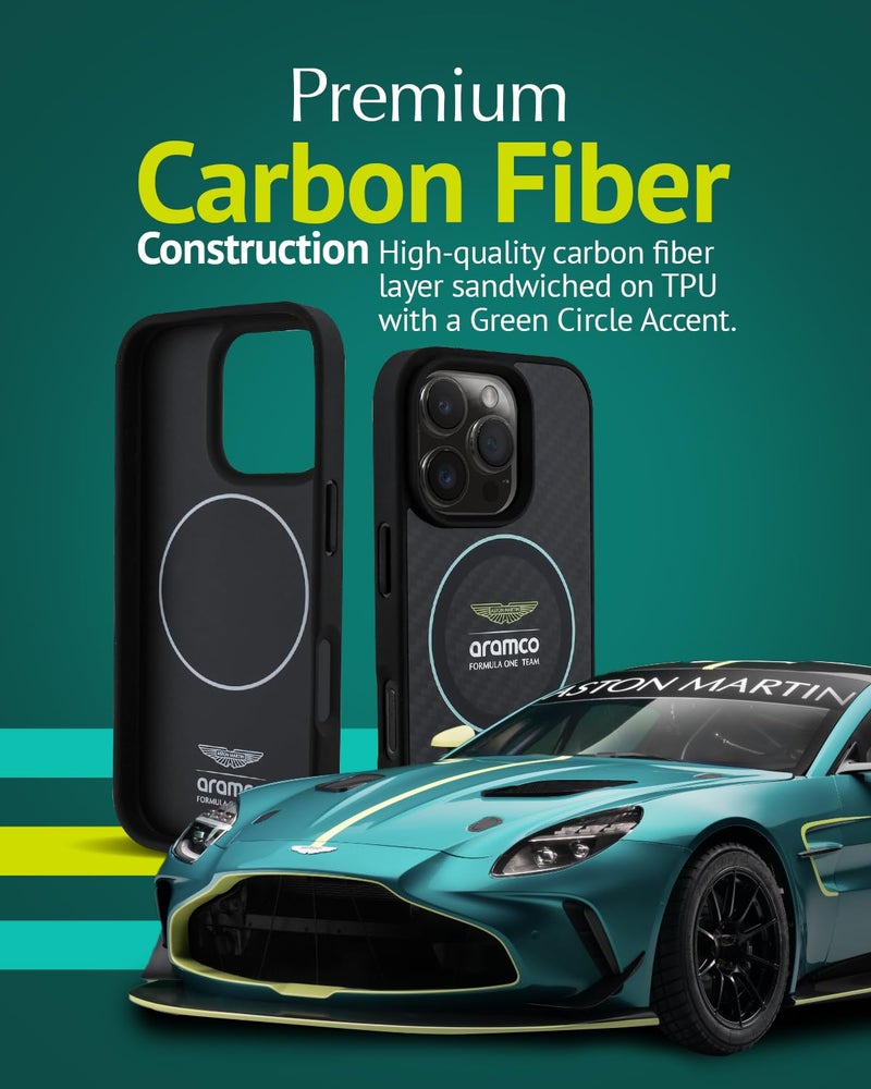 CG MOBILE Aston Martin Phone Case [Official Licensed] Mag-Safe Compatible| Carbon Fiber Case with Green Circle & Printed Logo Protective Case Designed for iPhone 16 Pro (2024) -Black - Image 3