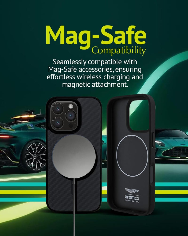 CG MOBILE Aston Martin Phone Case [Official Licensed] Mag-Safe Compatible| Carbon Fiber Case with Green Circle & Printed Logo Protective Case Designed for iPhone 16 Pro (2024) -Black - Image 4