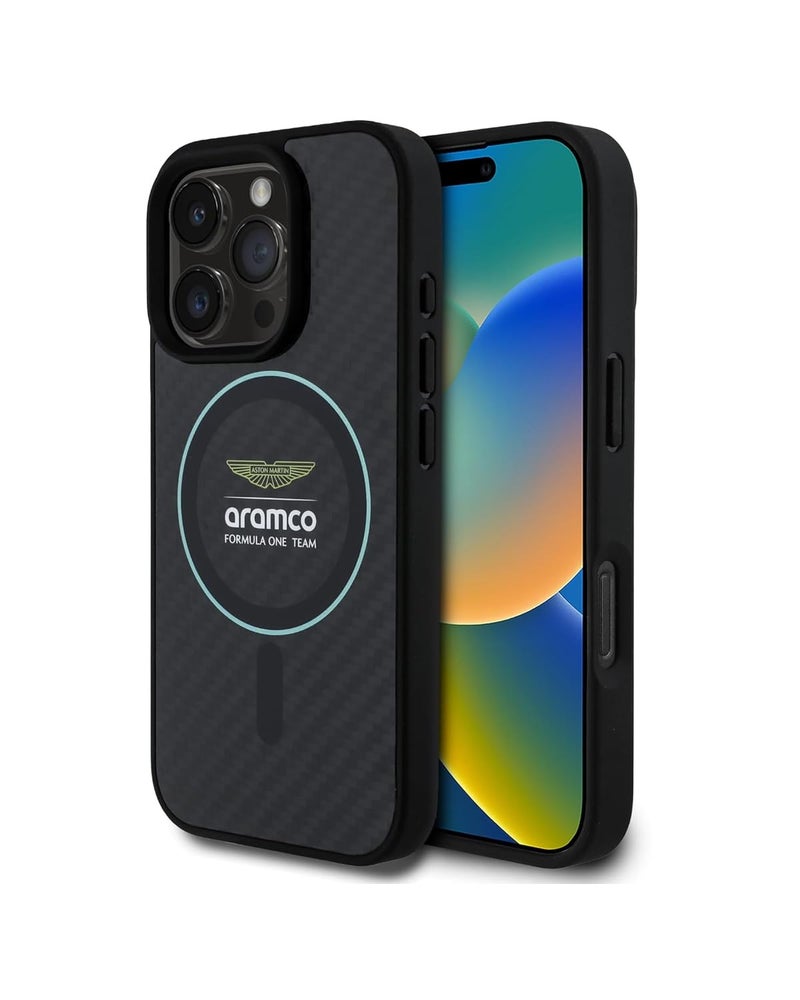 CG MOBILE Aston Martin Phone Case [Official Licensed] Mag-Safe Compatible| Carbon Fiber Case with Green Circle & Printed Logo Protective Case Designed for iPhone 16 Pro (2024) -Black - Image 1