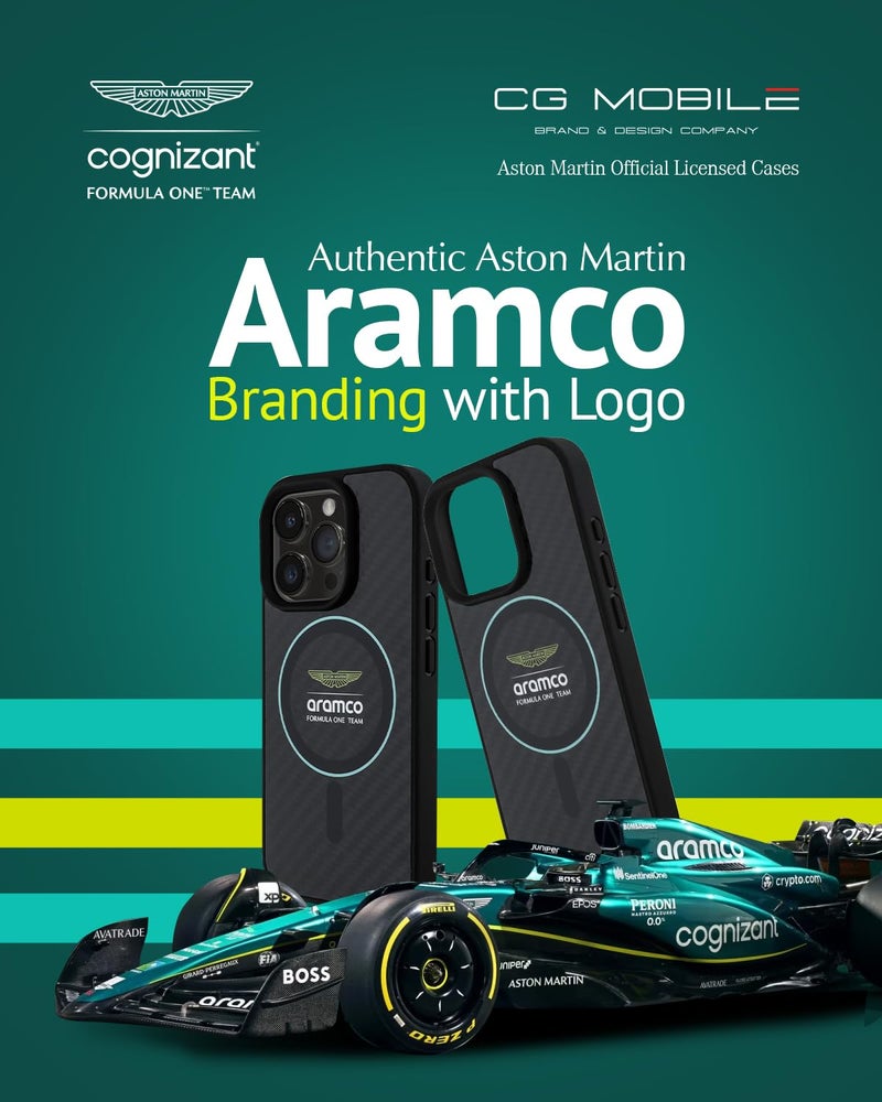 CG MOBILE Aston Martin Phone Case [Official Licensed] Mag-Safe Compatible| Carbon Fiber Case with Green Circle & Printed Logo Protective Case Designed for iPhone 16 Pro (2024) -Black - Image 2