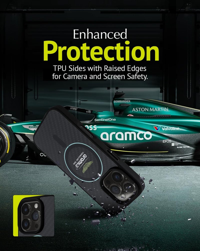 CG MOBILE Aston Martin Phone Case [Official Licensed] Mag-Safe Compatible| Carbon Fiber Case with Green Circle & Printed Logo Protective Case Designed for iPhone 16 Pro (2024) -Black - Image 5
