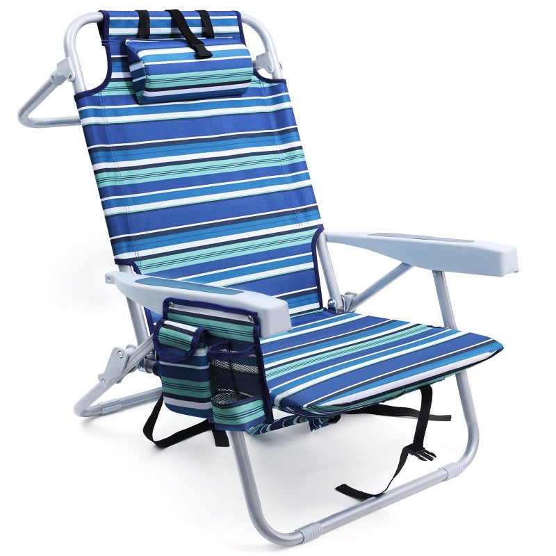 Yestomo Beach Chairs for Adults Heavy Duty, Compact Portable Lay Flat Folding Chair with Backpack Straps and Large Cooler Pouch, Support to 350LBS (Stripes_Blue&Cyan) - Image 1