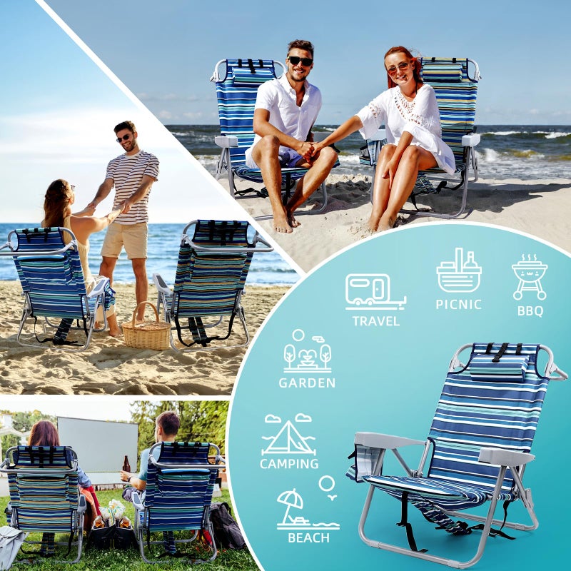 Yestomo Beach Chairs for Adults Heavy Duty, Compact Portable Lay Flat Folding Chair with Backpack Straps and Large Cooler Pouch, Support to 350LBS (Stripes_Blue&Cyan) - Image 3