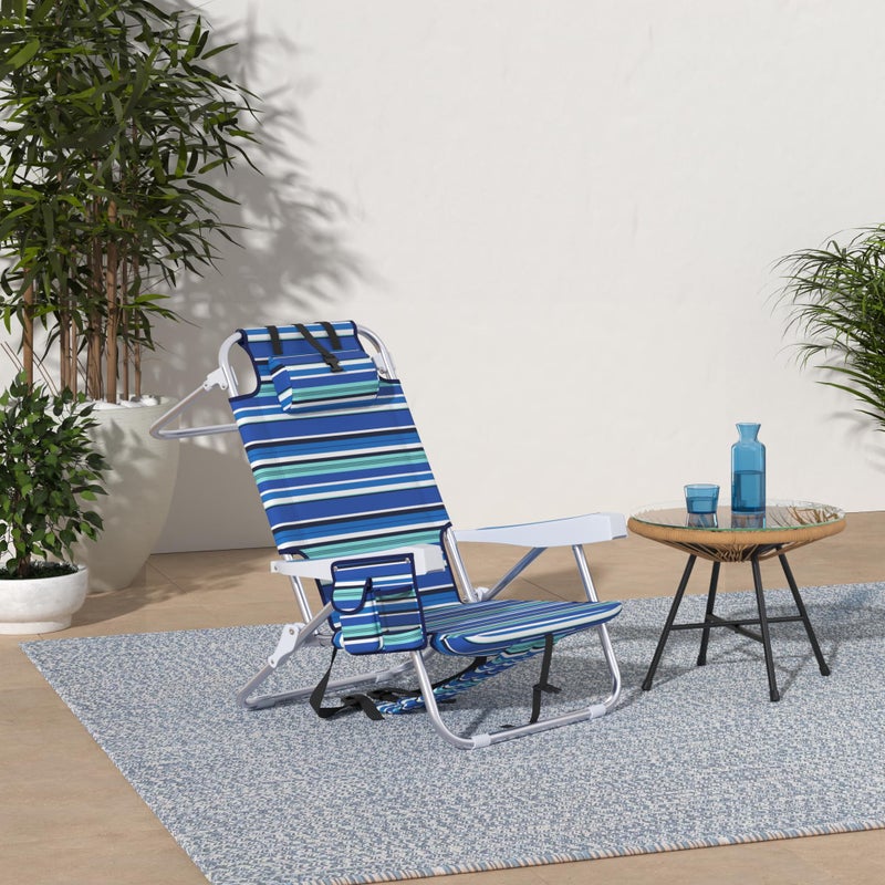 Yestomo Beach Chairs for Adults Heavy Duty, Compact Portable Lay Flat Folding Chair with Backpack Straps and Large Cooler Pouch, Support to 350LBS (Stripes_Blue&Cyan) - Image 2