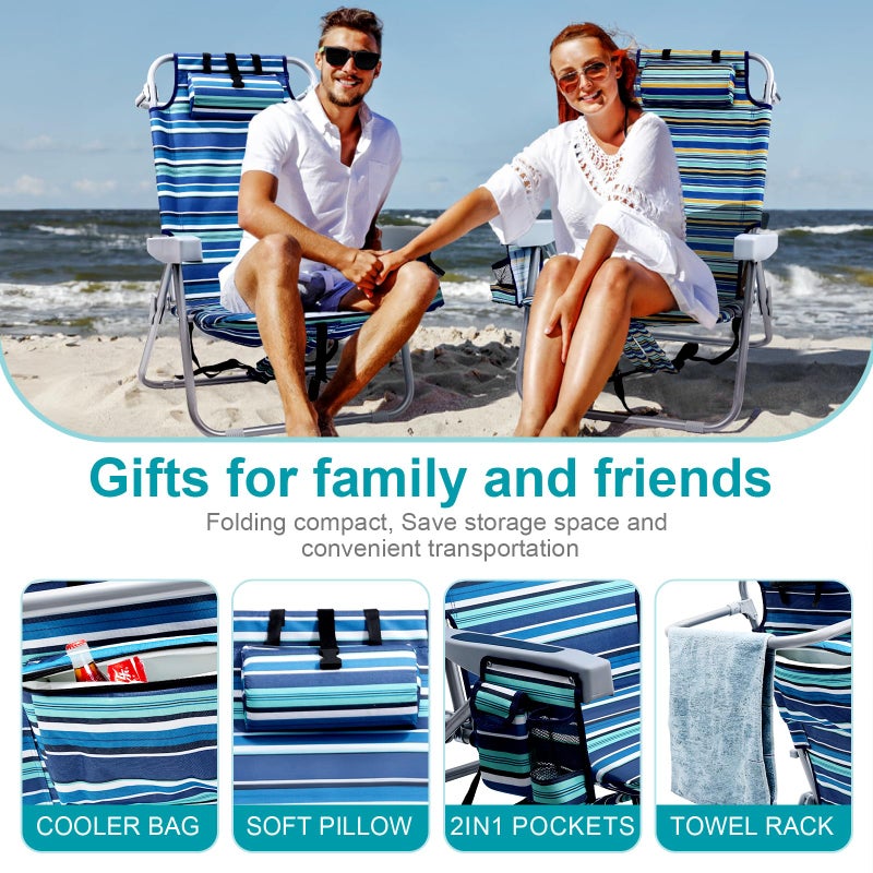 Yestomo Beach Chairs for Adults Heavy Duty, Compact Portable Lay Flat Folding Chair with Backpack Straps and Large Cooler Pouch, Support to 350LBS (Stripes_Blue&Cyan) - Image 4