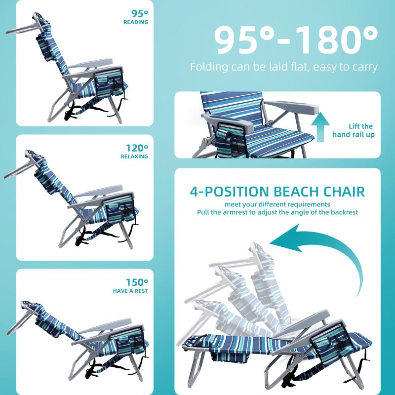 Yestomo Beach Chairs for Adults Heavy Duty, Compact Portable Lay Flat Folding Chair with Backpack Straps and Large Cooler Pouch, Support to 350LBS (Stripes_Blue&Cyan) - Image 5