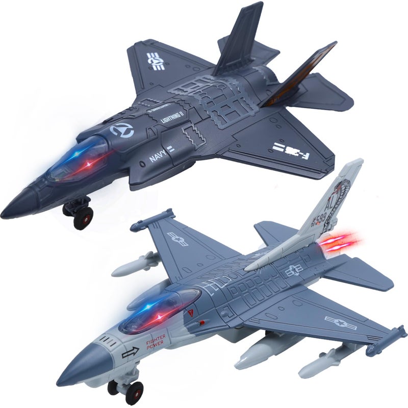 HOLYFUN Double Fighter Jet Toy F35  F16 Diecast Planes with Lights  Sounds Pull Back Military Airplane Toy Gift for ToddlerKids Boys - Image 2
