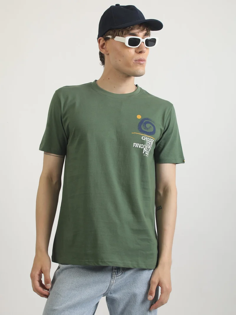 Maniac  Maniac Mens Printed Round Neck Half Sleeve White and Green Cotton T-Shirt for Men | Best Price UAE