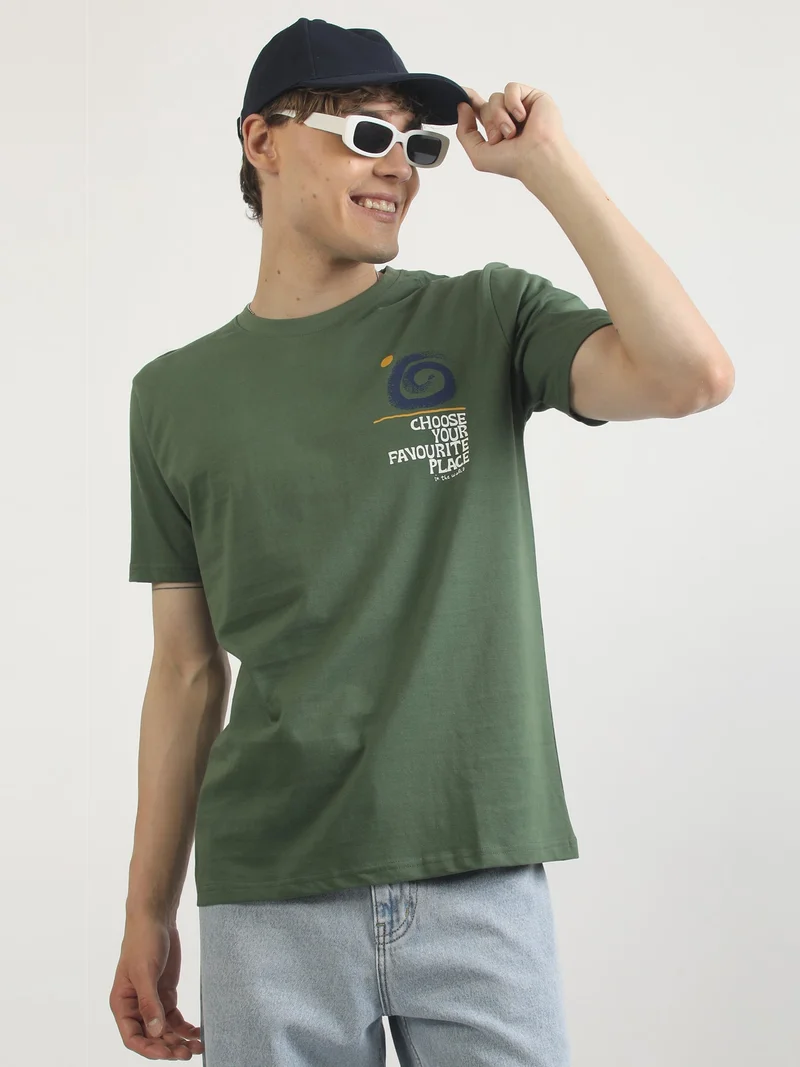 مانياك Maniac Mens Printed Round Neck Half Sleeve White and Green Cotton T-Shirt
