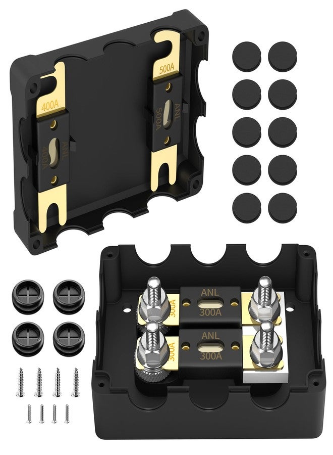 Joinfworld ANL Fuse Holder with 2Pcs 300 Amp ANL Fuse, Max 1000A Waterproof 4 x 5/16"(M8) Studs Heavy Duty Dual Fuse Holder with 400 Amp and 500 Amp ANL Fuses for Marine Automotive Car Truck Boat - Image 1