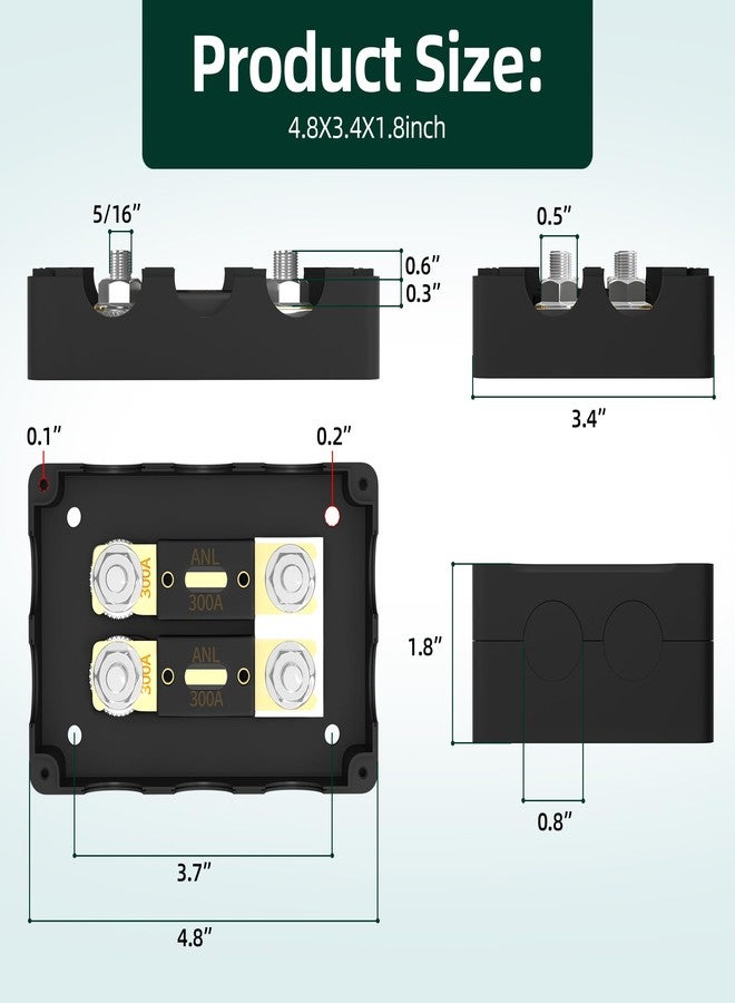 Joinfworld ANL Fuse Holder with 2Pcs 300 Amp ANL Fuse, Max 1000A Waterproof 4 x 5/16"(M8) Studs Heavy Duty Dual Fuse Holder with 400 Amp and 500 Amp ANL Fuses for Marine Automotive Car Truck Boat - Image 2