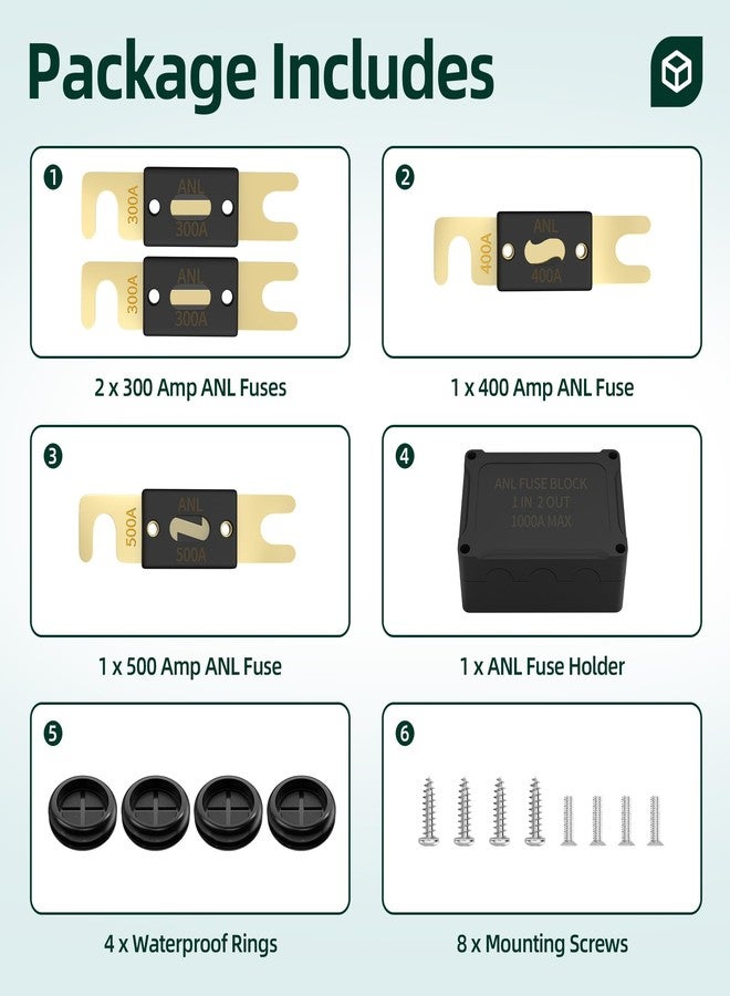 Joinfworld ANL Fuse Holder with 2Pcs 300 Amp ANL Fuse, Max 1000A Waterproof 4 x 5/16"(M8) Studs Heavy Duty Dual Fuse Holder with 400 Amp and 500 Amp ANL Fuses for Marine Automotive Car Truck Boat - Image 5