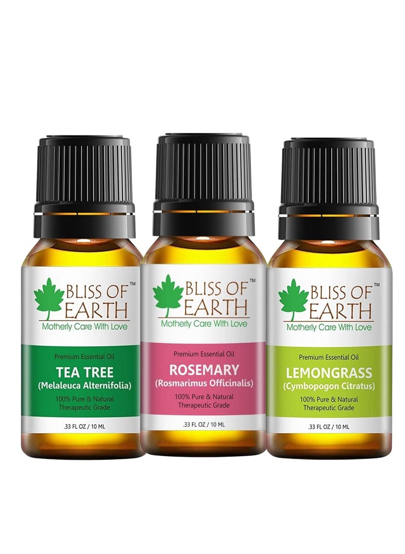 BLISS OF EARTH Bliss of earth Premium Tea Tree & Rosemary & Lemongrass Essential Oil Pure Natural Therapeutic Grade Combo 10ml Pack of 3  - Image 1