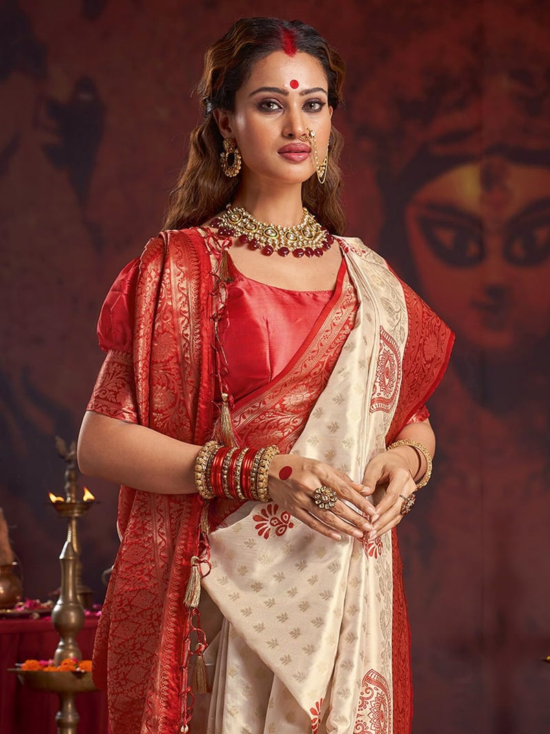 SAREE MALL Women's Off White Satin Silk Floral Printed Saree With Unstitched Blouse Piece (DURGOTSV103_HS) - Image 4