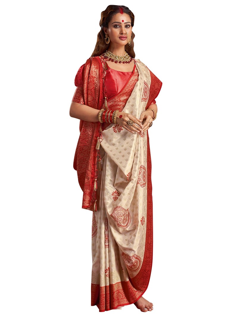 SAREE MALL Women's Off White Satin Silk Floral Printed Saree With Unstitched Blouse Piece (DURGOTSV103_HS) - Image 1