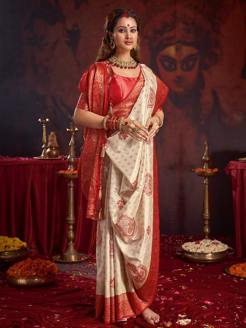 SAREE MALL Women's Off White Satin Silk Floral Printed Saree With Unstitched Blouse Piece (DURGOTSV103_HS) - Image 3