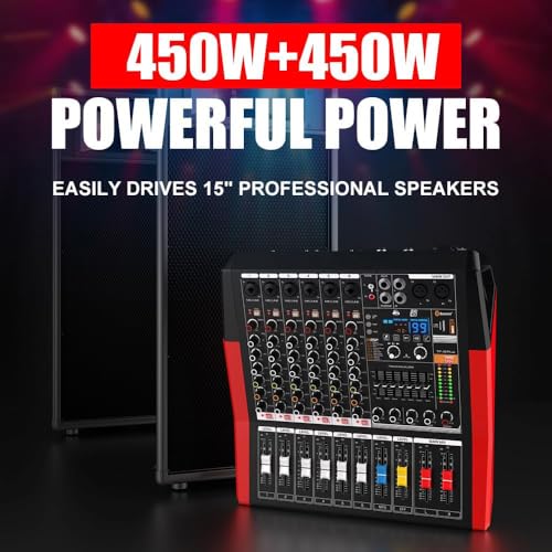 Yamnweo TF600 6-Channel Professional Mixer with Bluetooth Sound Bar with Power Amplifier 2 * 450W Power Output Powered Mixer, 7-Stage Equalizer, 99 DSP Effects, Recording Input USB Drive for Speakers - Image 2